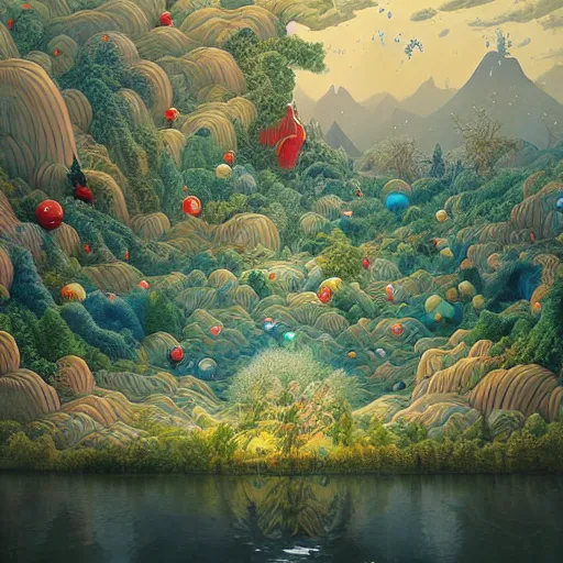 Image similar to inflatable landscape with forest, river and mountains floating swarm of presents dreams and wishes , concept art, huge scale, high detail, sci fi by James Jean