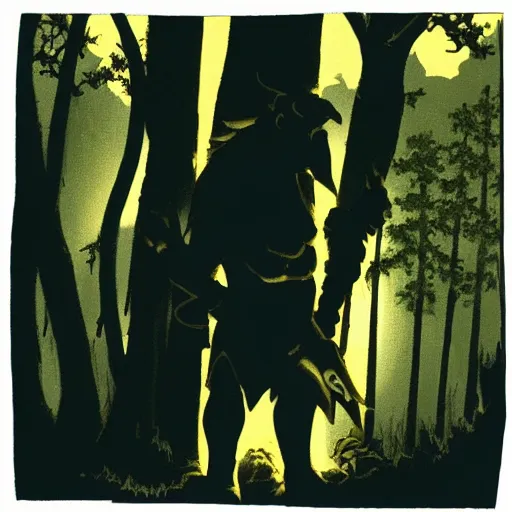 Prompt: Flaming sword illuminates a forest full of goblins a warrior is silhouetted in the centre