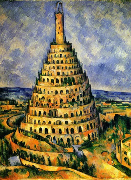 Prompt: the babel tower by paul cezanne