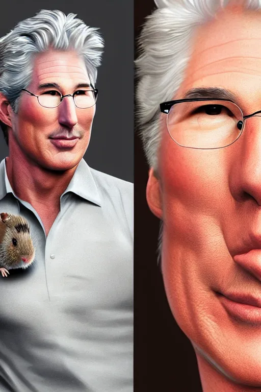 Image similar to richard gere poses next to a huge gerbil, highly detailed realistic portrait, digital concept art, cinematic lighting, photorealistic 8 k by artgerm and yoshitaka amano