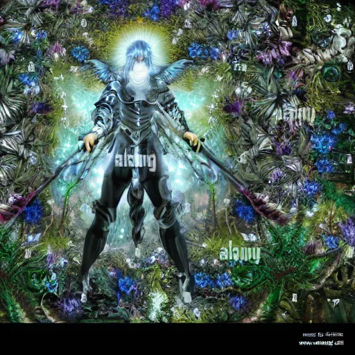 Image similar to half figure shot of a male angelic knight, stern face, clear eyes, shining sword, in a dark forest, shining armour made of steel and flowers, and fractal flowery hair in a fractal garden, glowing delicate flower, berries and ferns that grow in a dark fantasy forest, clear face, peaceful face,