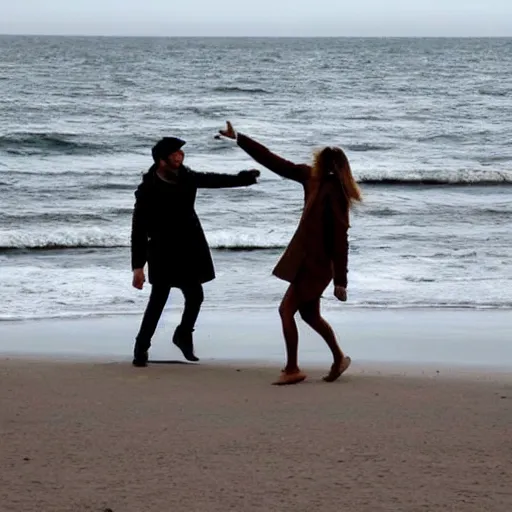 Image similar to zoom in photo of a man and woman, both wearing light brown trenchcoats, dancing together on a beach during cloudy weather, it is a little dark outside