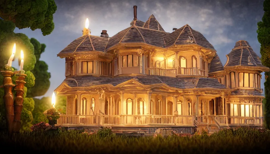 Image similar to photorealistic claymation art of a victorian house on top of a floating island, elegant, candle lighting, extremely detailed, realistic, art galery