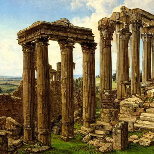 Image similar to roman ruins in the english countryside, dark ages, 8 th century, by james gurney