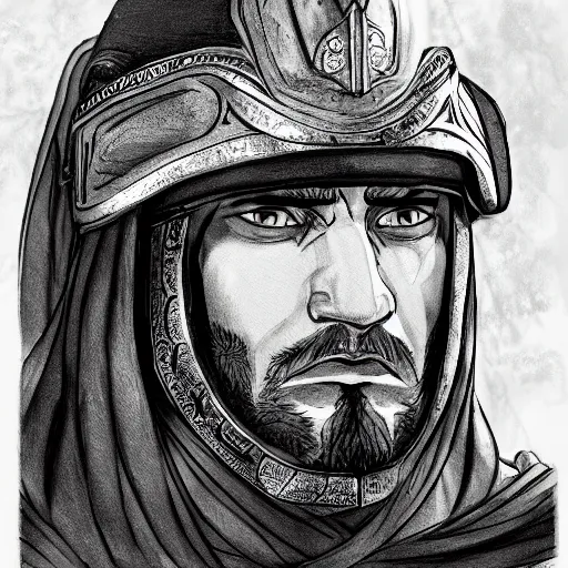 Prompt: a close up portrait of Sultan Saladin, art station, highly detailed, concept art, sharp focus, illustration in pen and ink, wide angle, by Kentaro Miura