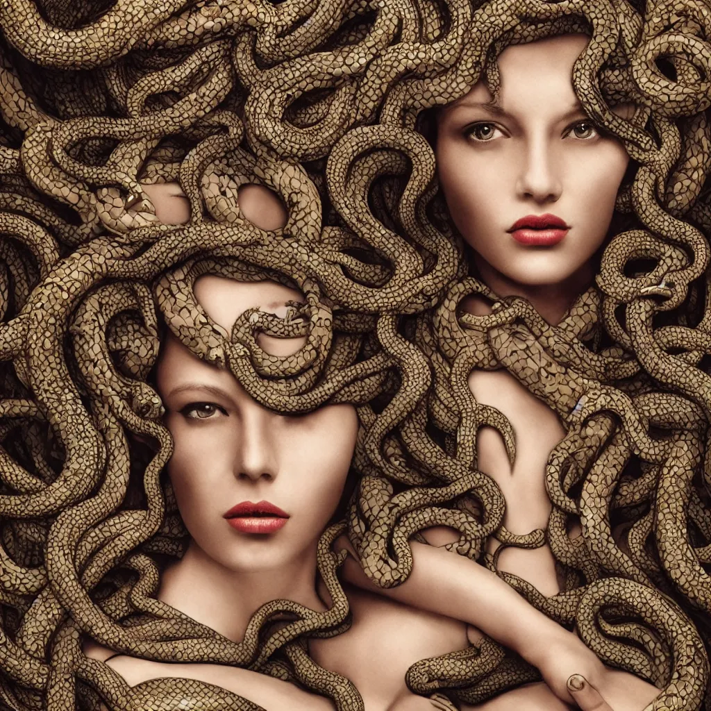 Image similar to a realistic photo of a girl like Medusa with intricate ornament snakes like hair total body in photographic style of Vogue Magazine, wallpaper, fine art photography, hyper realistic, hyper detailed