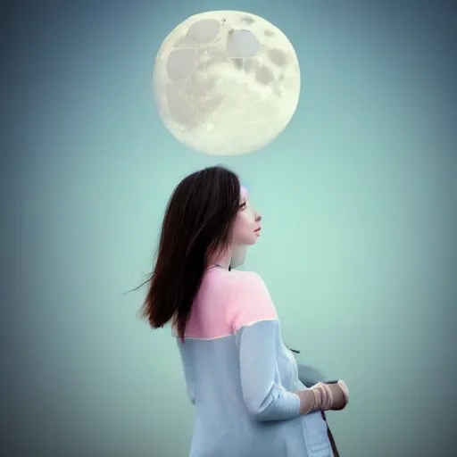 Image similar to Moon, woman, cute, photograph, sharp focus, pastel colors