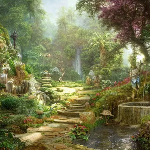 Image similar to a beautiful and highly detailed matte painting of a magical wishing well in a fantasy garden in a lush forest deep in the mystical mountains, intricate details, epic scale, insanely complex, 8 k, sharp focus, hyperrealism, very realistic, by caspar friedrich, albert bierstadt, james gurney, brian froud,