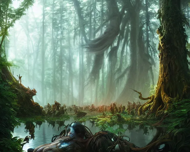 Image similar to forest of enormous trees featuring a river battle, deep focus, d & d, fantasy, intricate, elegant, highly detailed, digital painting, artstation, concept art, matte, sharp focus, illustration, hearthstone, art by artgerm and greg rutkowski and alphonse mucha