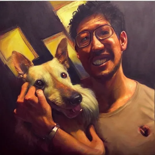 Prompt: Oil painting of weeping Markiplier holding his deceased dog in his arms, Greg Rutkowski, Tragic