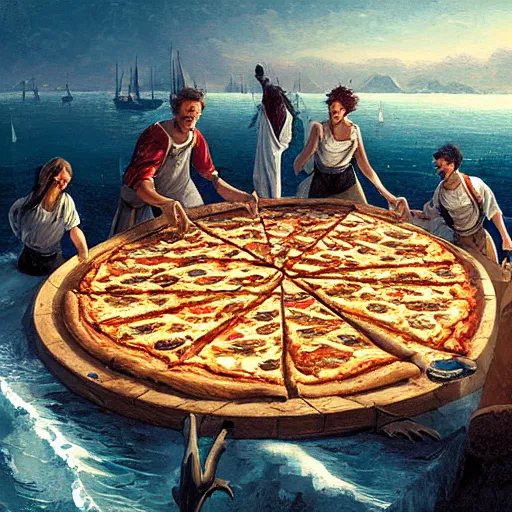 Image similar to a group of adventurers eating a giant pizza on a sailing ship, greg rutkowski