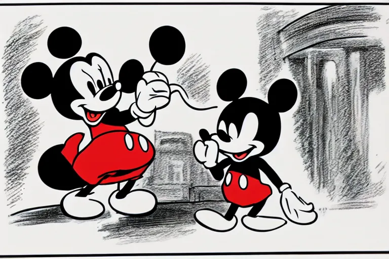 Image similar to courtroom sketch of vintage disney character mickey mouse presenting evidence of copyright infringement to the judge