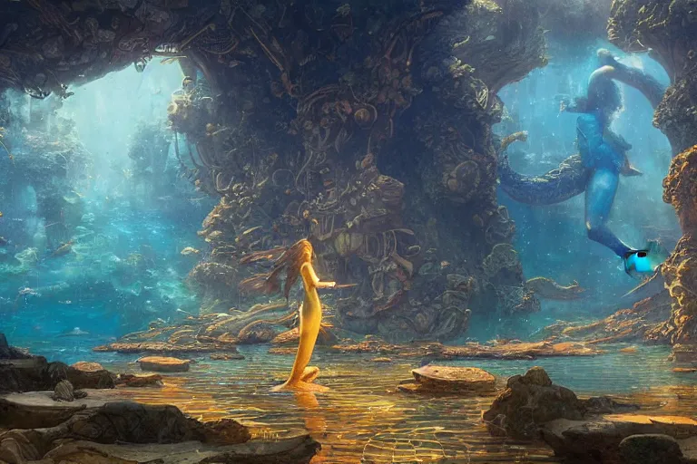 Image similar to a scenic landscaping view of the lost city of Atlantic city under water, ray of sunlight, mermaids in distance, Greg Rutkowski, Moebius, Mohrbacher, Mucha, blue and gold color scheme