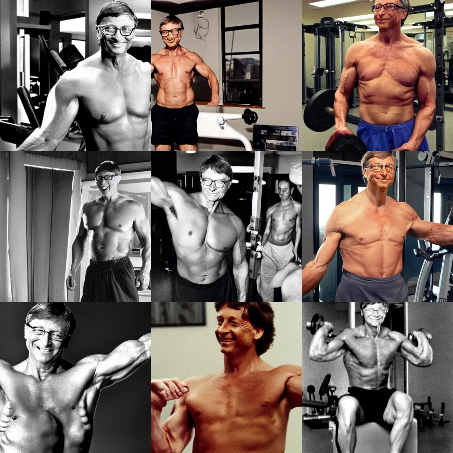 Prompt: very muscular!! shirtless bill gates pumping iron, photo mid shot