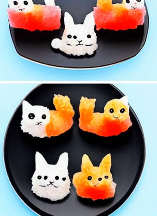 Image similar to clear surrealist painting of tiny adorable cats made from sushi rice, sitting on sushi plates with sushi, garnish, wasabi and soy sauce