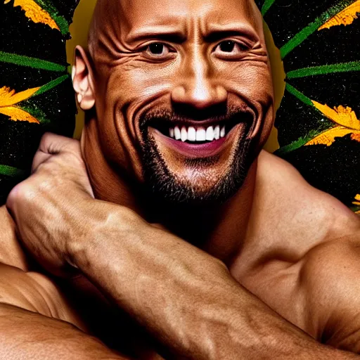 Image similar to close up photograph of very high on weed dwayne johnson, stoner eyes, dwayne johnson smoked weed, weed background, 8 k resolution