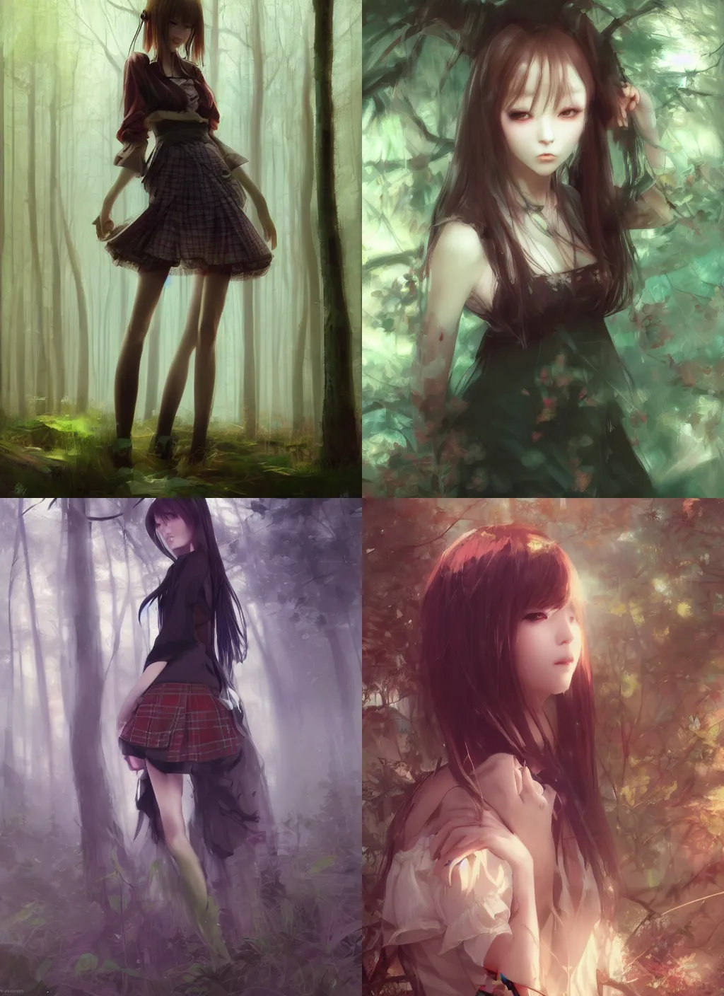 Prompt: beautiful woman in plaid miniskirt standing in a dark forest, anime style, by yoshitaka amano, by wenjun lin, by jeremy lipking, digital drawing, gorgeous face, octane render, half body shot