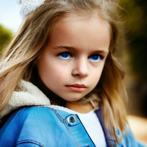 Image similar to a little portuguese girl with white - fair!!!!! skin, dirty blonde hair and blue eyes, wearing a disney land coat and blue jeans, 4 k, 8 k, photorealistic facial features