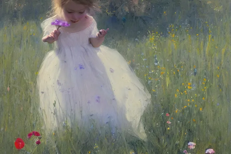 Image similar to little girl in summer dress, plucking wild flowers, sunlight, jeremy lipking, joseph todorovitch