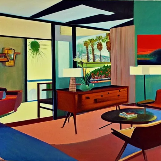 Image similar to an oil painting of the interior of a mid century modern house designed by both frank lloyd right and richard sera in palm springs