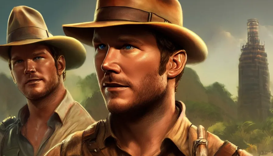 Image similar to Chris Pratt is Indiana Jones, hyperdetailed, artstation, cgsociety, 8k