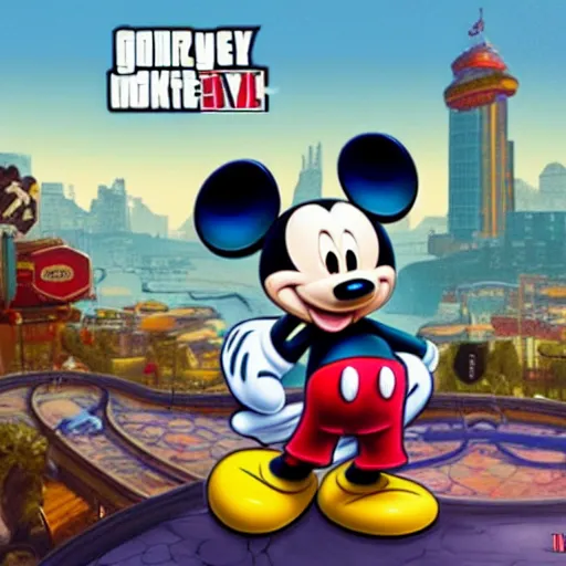 Image similar to Mickey Mouse as a character in the game GTA VI, with a background based on the game League of Legends, detailed face, PAINTING BY android jones