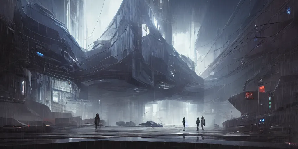 Prompt: a futuristic exterior mass effect and bladerunner building, multi - layer, large pipes, metal cladding wall, lots of wires, some stalls, back alley, intricate bridges between buildings, some floating billboards, environment fog, dark and moody, by eddie mendoza, syd mead