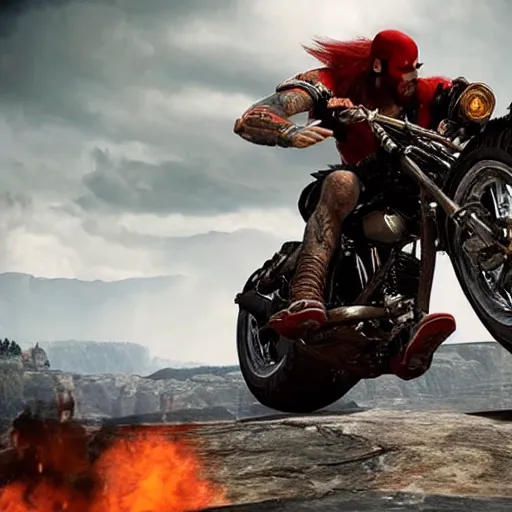 Prompt: kratosjumping a black harley - davidson motorcycle off a cliff, cinematic render, playstation studios official media, god of war 2 0 1 8, flames, centered