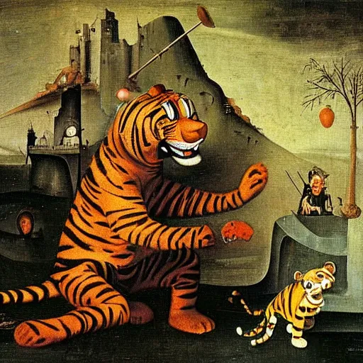 Prompt: an oil painting of Tony the Tiger facing his creator by Hieronymus Bosch, horror, revelations
