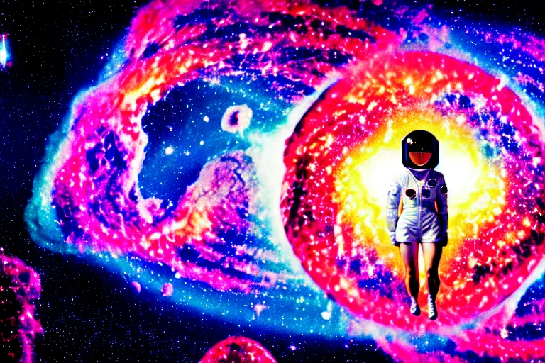 Prompt: portrait of a female astronaut floating around ( ( dna helix ) ) in a nebula, hikari shimoda, takashi murakami, james jean, makoto shinkai, akihiko yoshida, gustav klimt, lomography, colorful, hdr, ilya kuvshinov, yoh yoshinari, explosive, fine grain texture