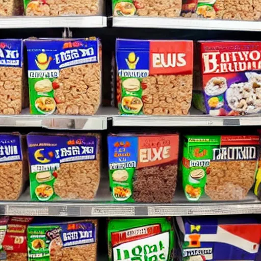 Prompt: brexit breakfast cereal stocked on grocery store shelf