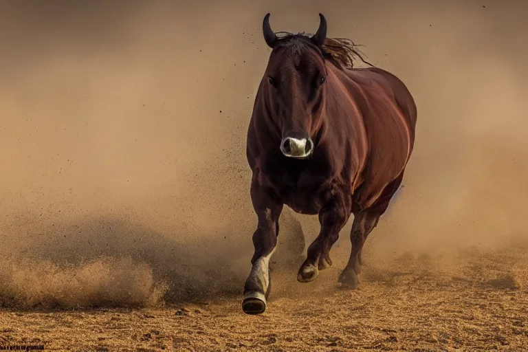 Image similar to a horse bull!!! hybrid! hyper realistic!! realistic lighting!! wildlife photographer of the year!!! bold natural colors, national geographic, hd, wide angle, 8 k