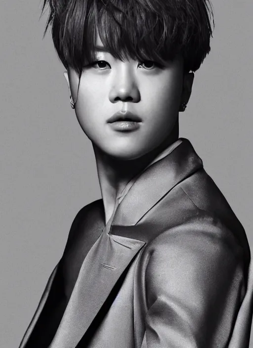 Image similar to jimin styled by nick knight posing, couture, canon, vogue magazine, highly realistic. high resolution. highly detailed. dramatic. 8 k. 4 k.