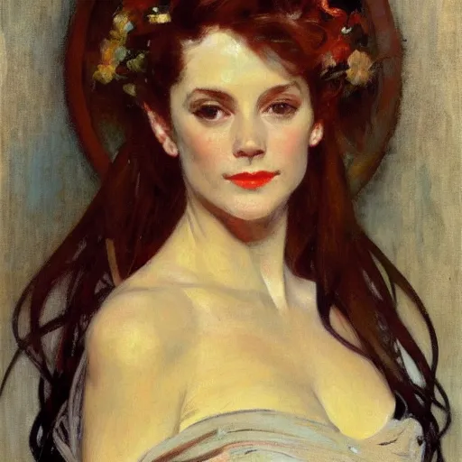 Prompt: portrait of a beautiful woman by gil elvgen, greg manchess, mucha, sorrolla, john singer sargent