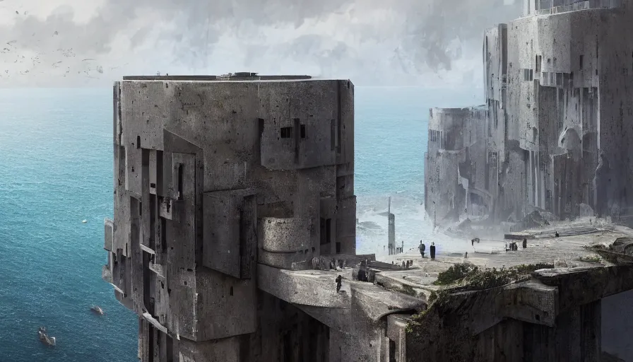 Prompt: coastal perched on a cliff overlooking a magnificient bay, imperial brutalist base, drawing architecture, ultra very long shot, top angle, imperial architecture in rogue one, pritzker architecture prize, brutalism architecture, jan urschel, greig fraser, by james gurney, greg rutkowski, highly detailed digital art, artstation