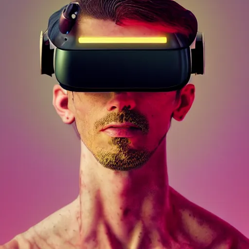 Image similar to Colour Caravaggio style Photography of Highly detailed Man with 1000 years old perfect face with reflecting glowing skin wearing highly detailed sci-fi VR headset designed by Josan Gonzalez. Many details . In style of Josan Gonzalez and Mike Winkelmann and andgreg rutkowski and alphonse muchaand and Caspar David Friedrich and Stephen Hickman and James Gurney and Hiromasa Ogura. Rendered in Blender and Octane Render volumetric natural light