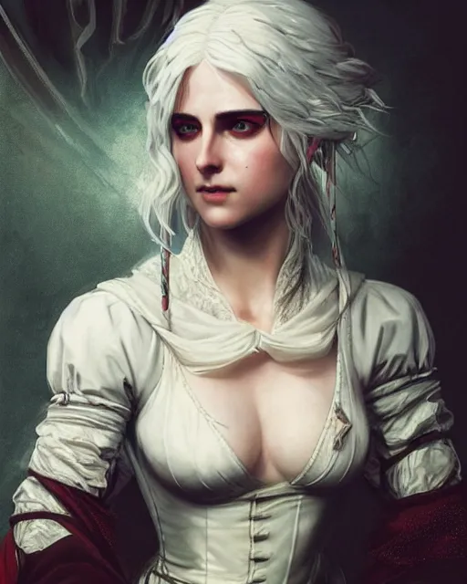 Prompt: Pre-Raphaelite Ciri from Witcher 3 by Artgerm and Greg Rutkowski, wearing haute couture by schiaparelli, sharp focus, sun rays, intricate, elegant, highly detailed, digital painting, masterpiece.