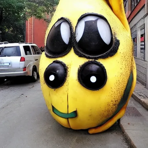 Image similar to a giant banana covered in eyeballs, scared people running