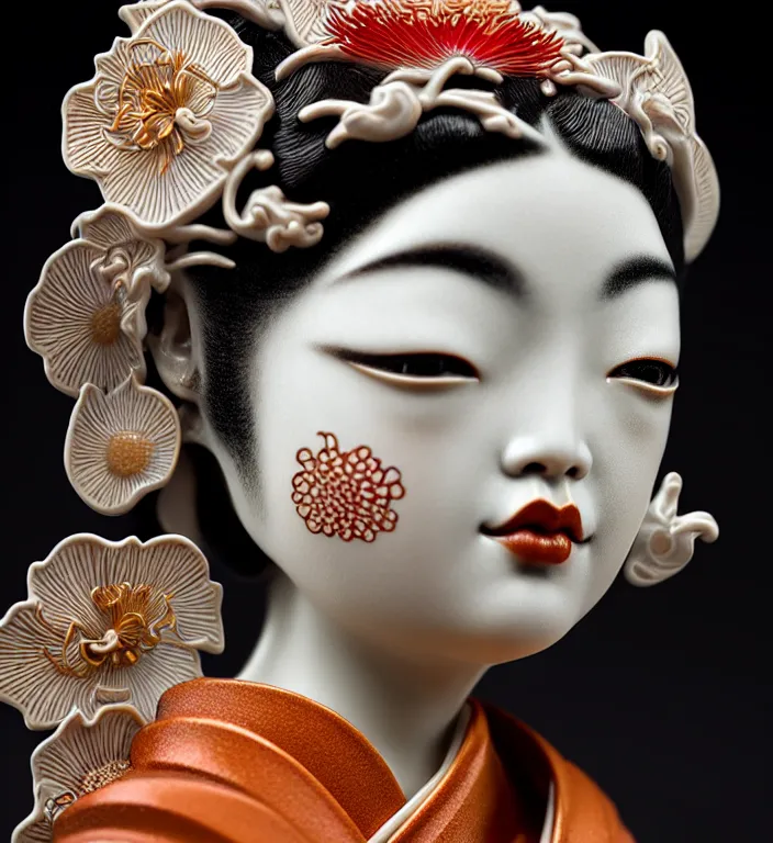 Image similar to Geisha, A Close up photo-real delicate ceramic porcelain sculpture of a symmetrical ornate detailed in front of an intricate background by Victo Ngai and takato yamamoto, micro detail, backlit lighting, face in focus, subsurface scattering, translucent, thin porcelain, octane renderer, colorful, physically based rendering, japanese pottery, trending on cgsociety