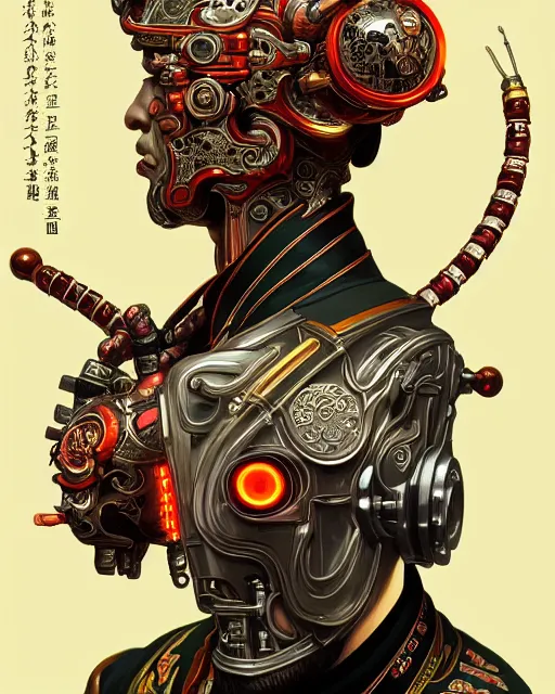 Image similar to portrait of a masculine male cyberpunk machine, machine face, upper half portrait, decorated with chinese opera motifs, asian, fine china, wuxia, traditional chinese art, intricate, elegant, highly detailed, symmetry, headpiece, digital painting, artstation concept art smooth sharp focus, illustration, art by artgerm and greg rutkowski alphonse mucha 8 k