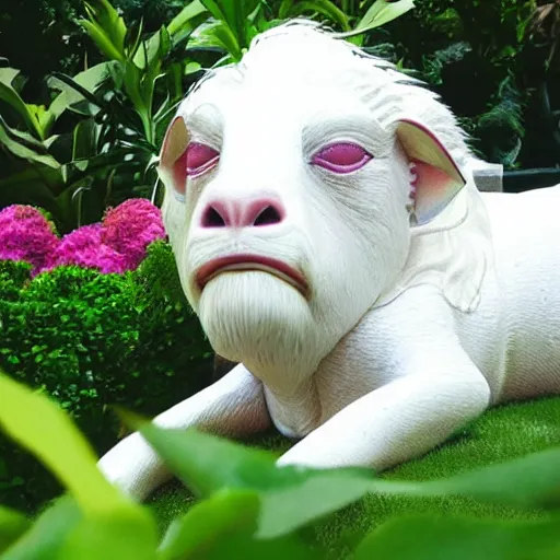 Image similar to realistic still image of falkor sleeping in a lush garden