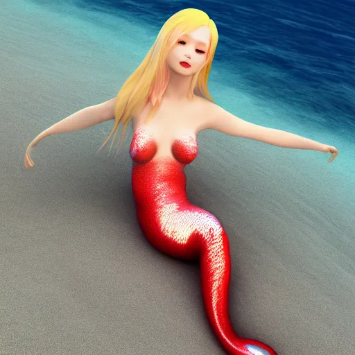 Image similar to albino Asian mermaid on the beach, full body, unreal engine octane, red and white, gliter, depth of field, 8k, hyper detailed, intricate, tending on artstation