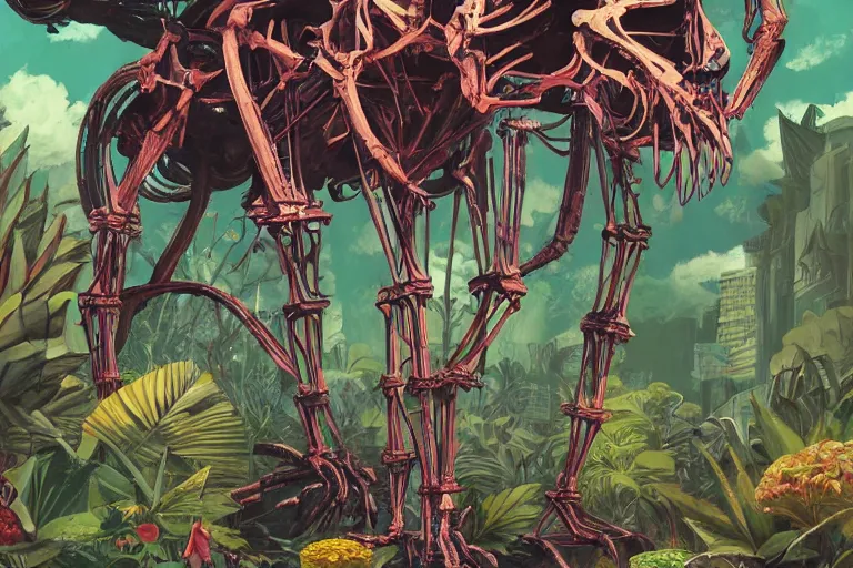 Image similar to 2 d gouache illustration, a lot of exotic vegetation, trees, tremendous skeletal robotic ancient gigantic cat, flowers, oldschool vintage sci - fi flat surreal design, super - detailed, painting by satoshi kon, hd, 4 k, high quality