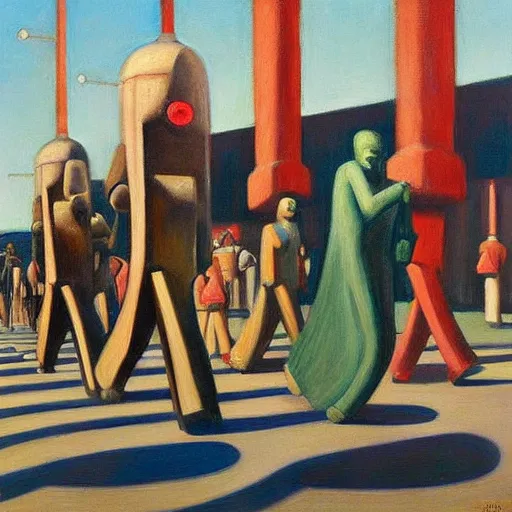 Image similar to robot druids in a grand processional, capital plaza, grant wood, pj crook, edward hopper, oil on canvas