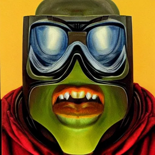 Image similar to beautiful lifelike painting of mf doom is monster zero, hyperreal detailed facial features and uv lighting, art by ed roth and basil wolverton