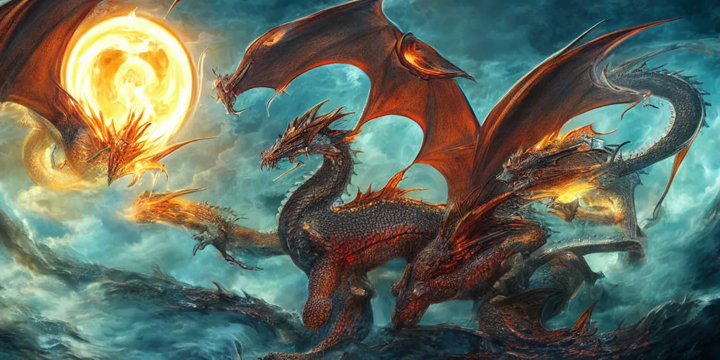 Prompt: Four dragons power up one sphere of high energy through their breaths. The dragon of wind, the dragon of fire, the dragon of water, the dragon of earth. Digital art, hyper detailed, beautiful, clear definition, HD