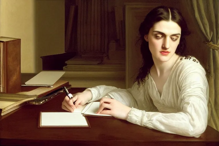 Image similar to georgian katie mcgrath writing at her desk by vittorio reggianini, bright lighting, perfectly detailed eyes, beautiful hands, pale skin, clear face