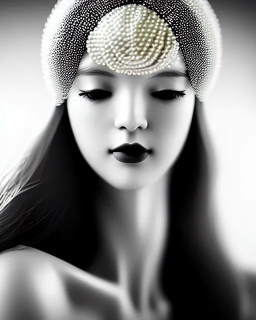 Image similar to black and white dreamy young beautiful veiled female artificial intelligence, realistic pearl ornament in the face, long hair are intricate with highly detailed realistic pearls, cinematic, rim light, bokeh, photo - realistic, elegant, high detail, 8 k, masterpiece, photo taken in 1 9 3 0