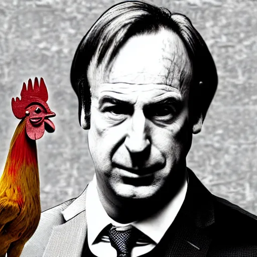 Image similar to saul goodman and a rooster in a medieval torture chamber, saw blades and knives in the background, horror movie, saul goodman, rooster!!!!, real life photo, highly detailed face