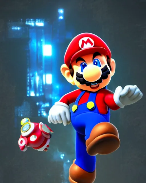 Image similar to Nintendo's Mario as a Mecha, hyperdetailed, full body, LED effects, professional paint job, distressed paint, dynamic low angle shot, photoreal, caustics, octane render, redshift render, Vray render, all in focus, unreal engine, post processing, ultra detailed, trending on artstation